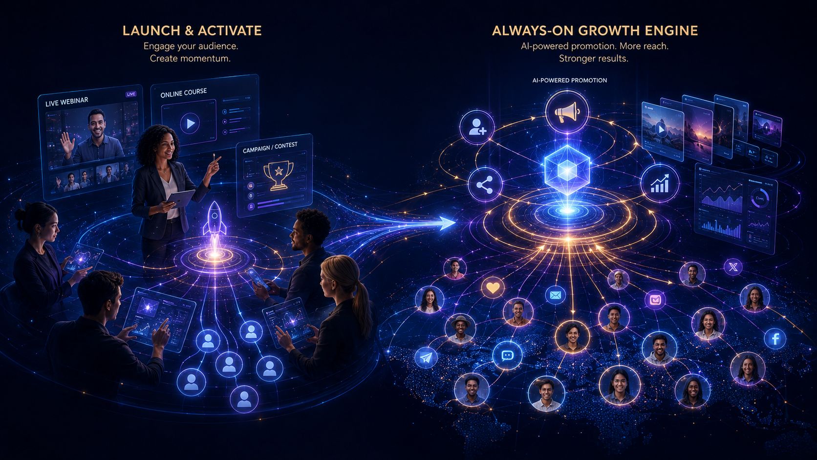 PMN activation journey showing launch setup connected to an always-on growth engine.