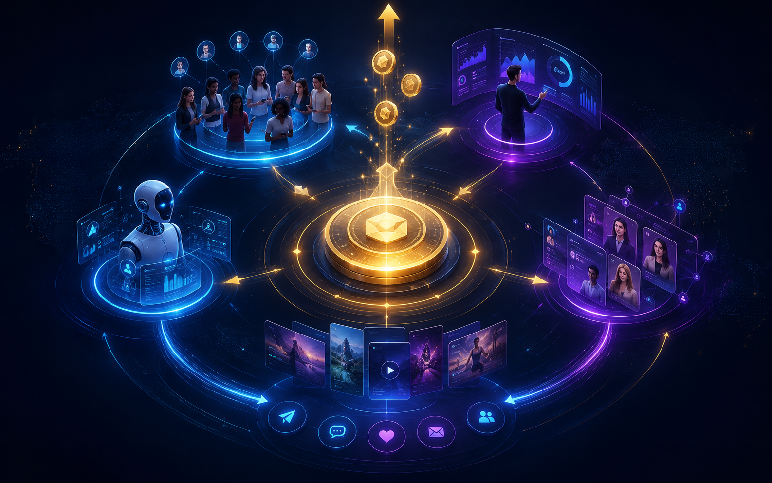 PMN economic model showing participants, rewards, content, AI, promotion, and network growth.