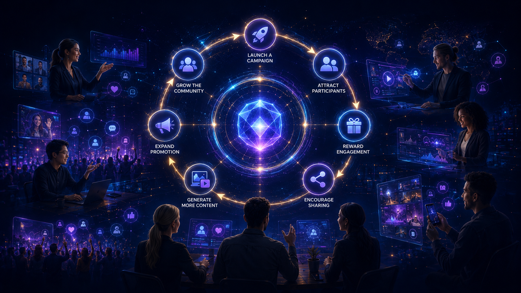 PMN Growth Flywheel illustration showing campaign launch, participants, rewards, sharing, content, promotion, and community growth.