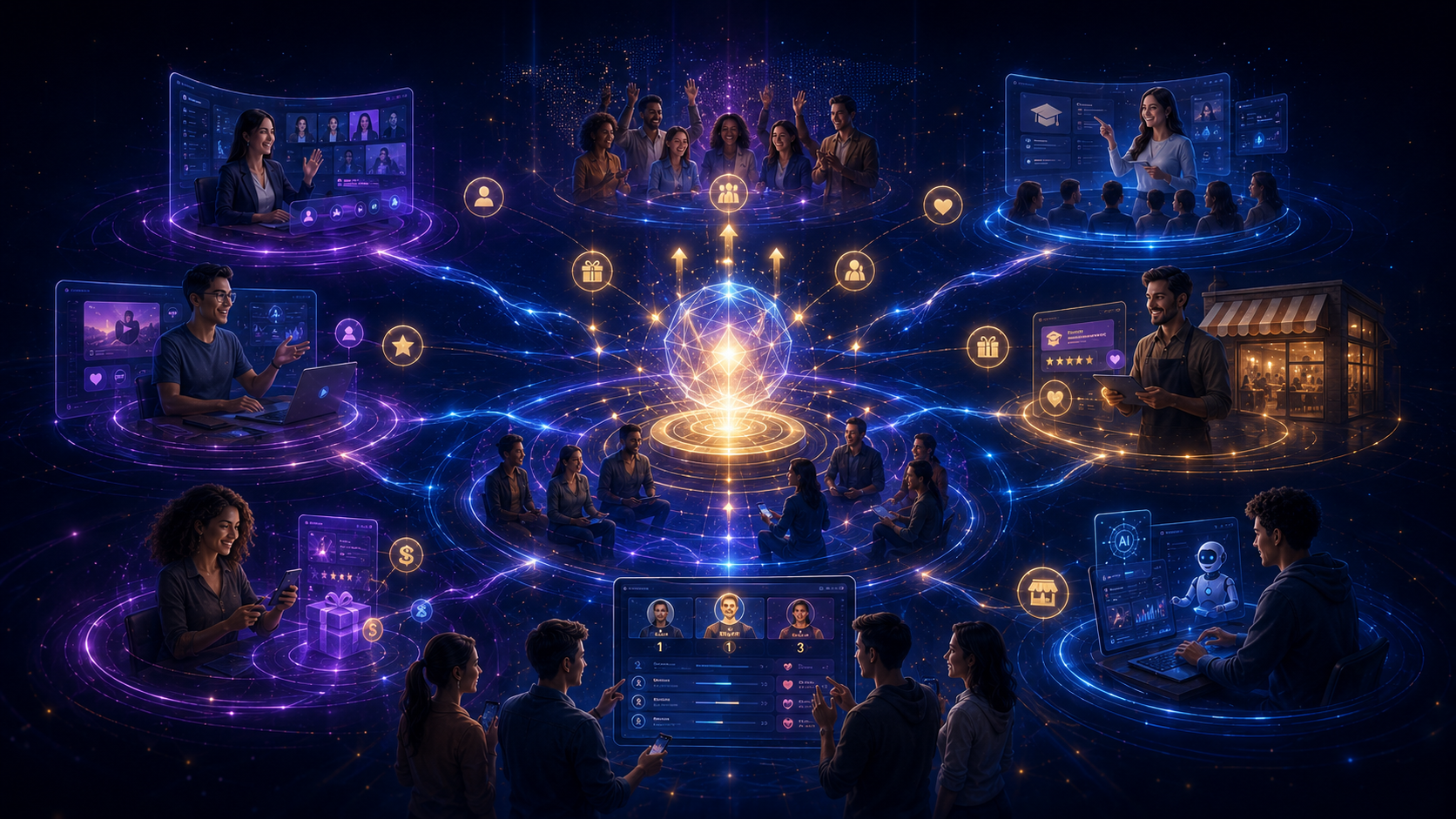 PMN connected growth network with creators, educators, local businesses, participants, rewards, and AI promotion.
