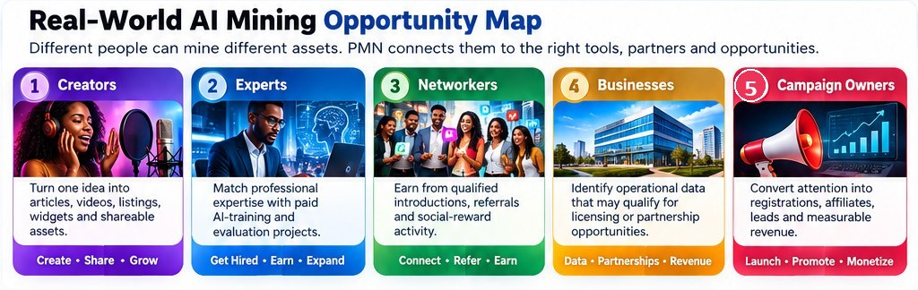 Real-world AI Mining opportunity map for creators, experts, networkers and businesses