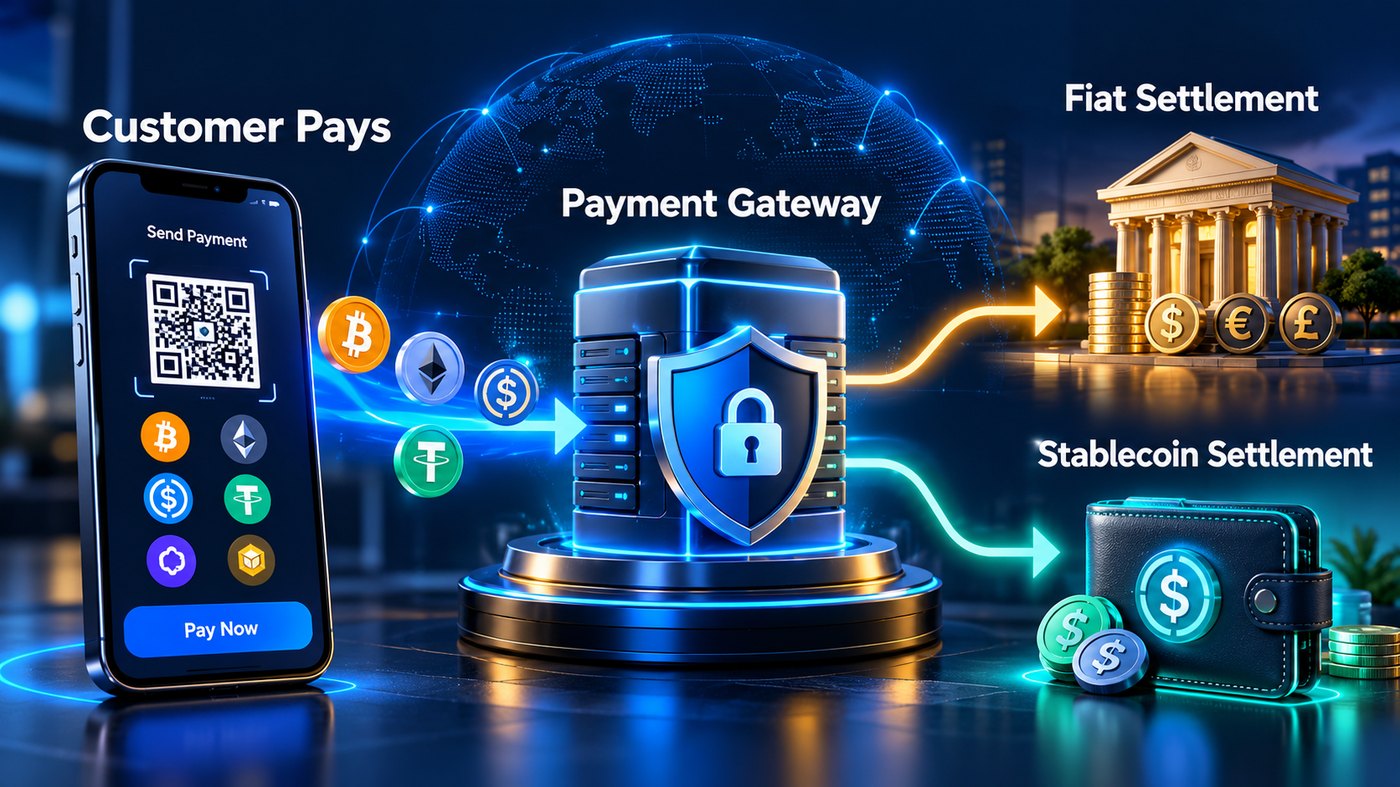 Crypto payment settlement flow showing fiat and stablecoin settlement choices
