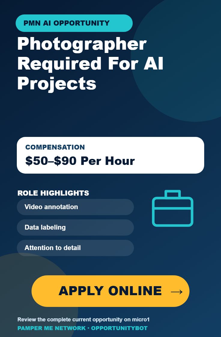 Photographer Required For AI Projects - Compensation: $50–$90 Per Hour - Apply Online