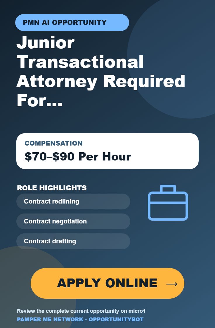 Junior Transactional Attorney Required For AI Projects - Compensation: $70–$90 Per Hour - Apply Online