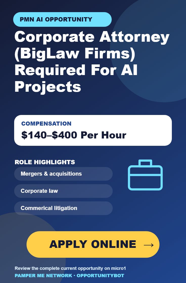 Corporate Attorney (BigLaw Firms) Required For AI Projects - Compensation: $140–$400 Per Hour - Apply Online