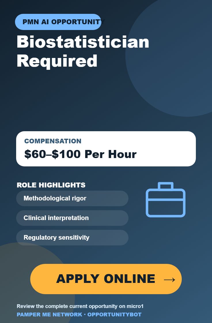 Biostatistician Required - Compensation: $60–$100 Per Hour - Apply Online