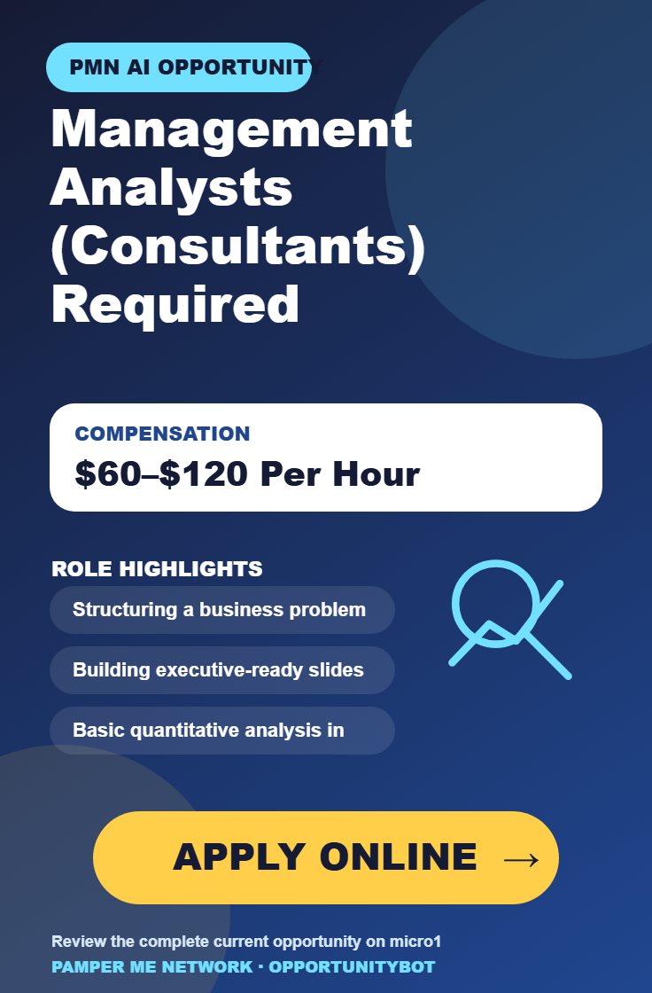 Management Analysts (Consultants) Required - Compensation: $60–$120 Per Hour - Apply Online