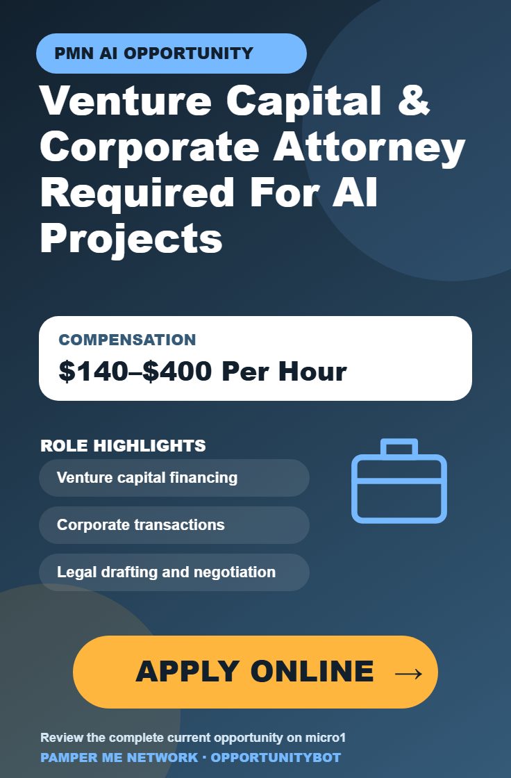 Venture Capital & Corporate Attorney Required For AI Projects - Compensation: $140–$400 Per Hour - Apply Online