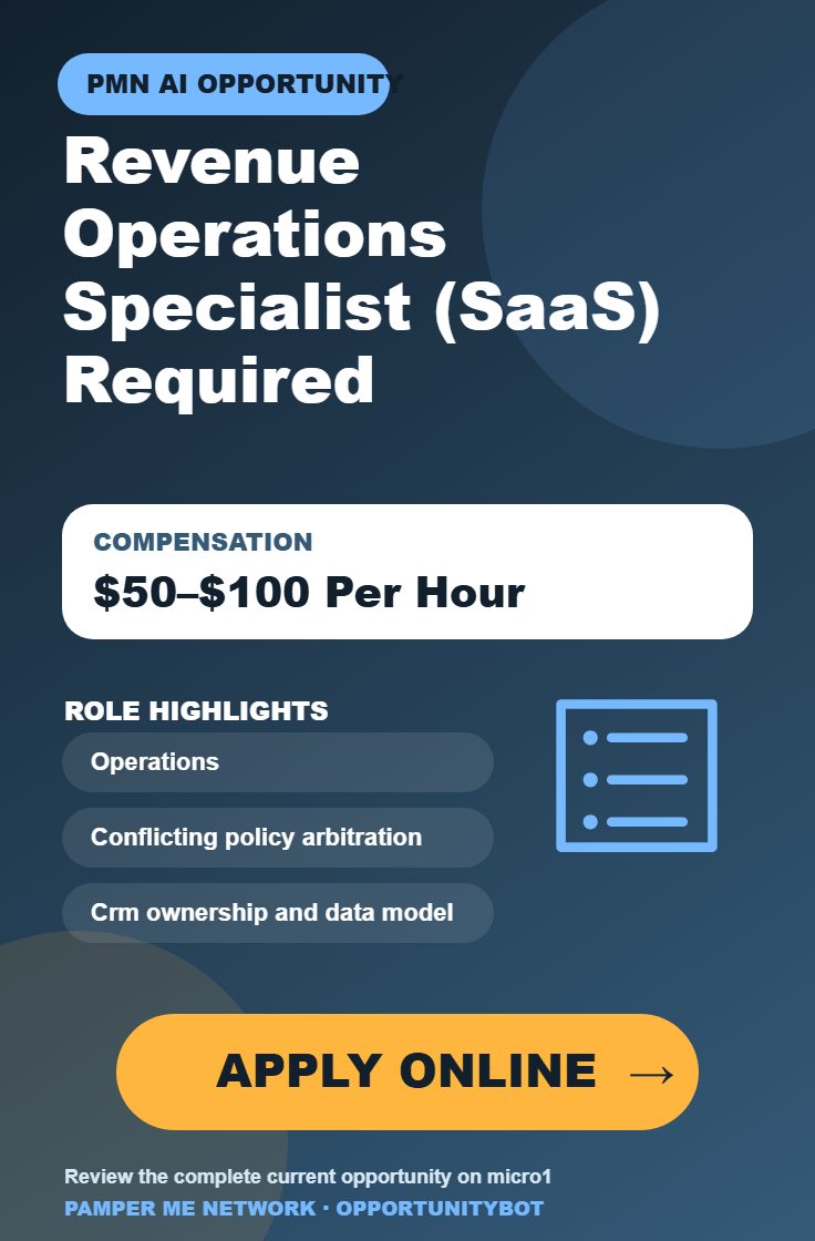 Revenue Operations Specialist (SaaS) Required - Compensation: $50–$100 Per Hour - Apply Online