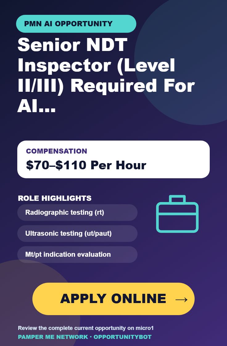 Senior NDT Inspector (Level II/III) Required For AI Projects - Compensation: $70–$110 Per Hour - Apply Online