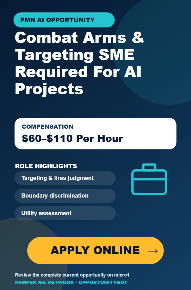 Combat Arms & Targeting SME Required For AI Projects - Compensation: $60–$110 Per Hour - Apply Online