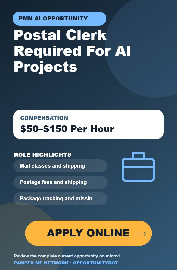 Postal Clerk Required For AI Projects - Compensation: $50–$150 Per Hour - Apply Online