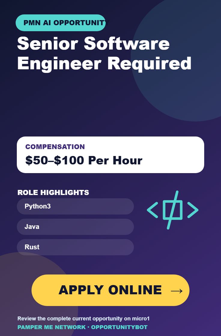 Senior Software Engineer Required - Compensation: $50–$100 Per Hour - Apply Online