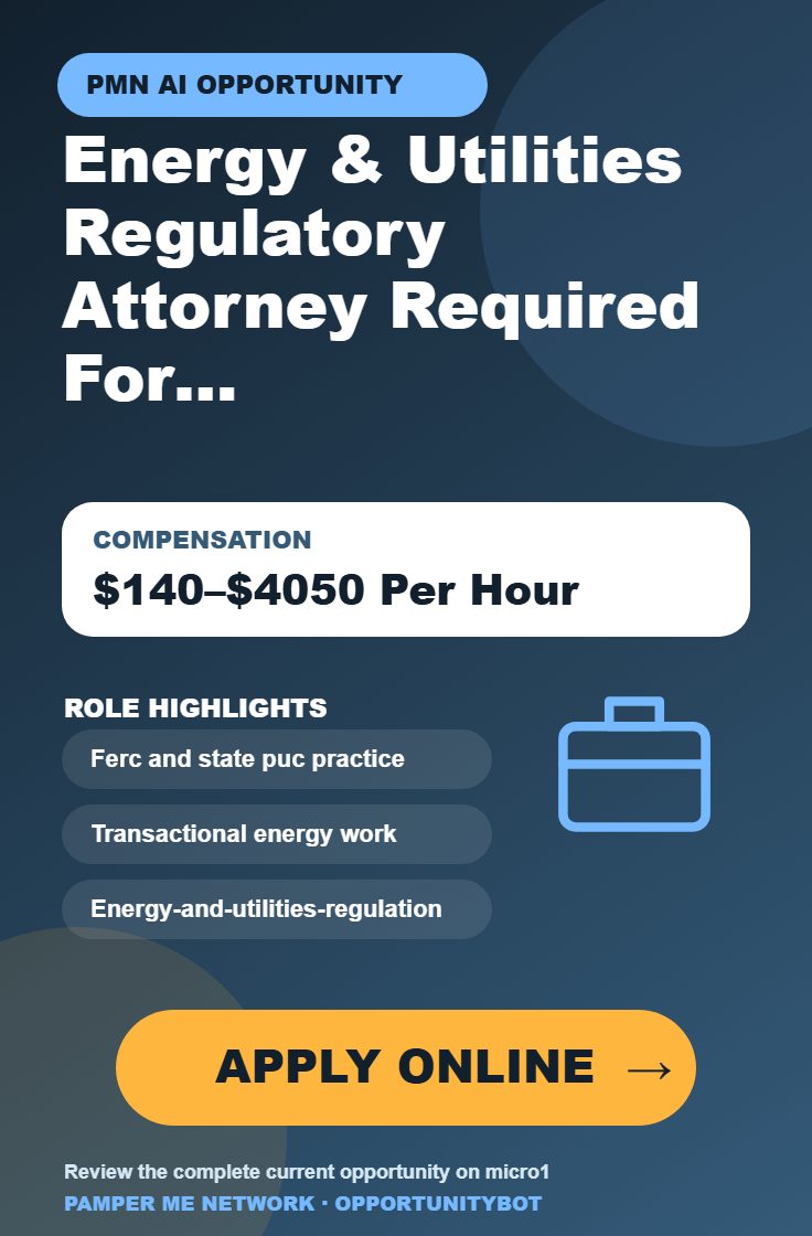 Energy & Utilities Regulatory Attorney Required For AI Projects - Compensation: $140–$4050 Per Hour - Apply Online