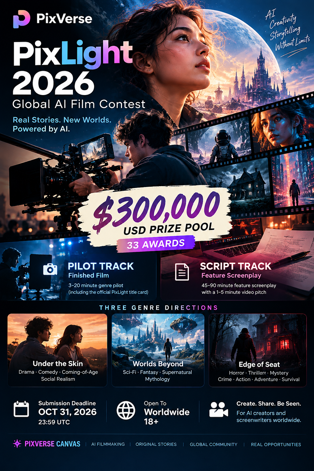 PixLight 2026 Global AI Film Contest — Win Up to $100,000 — $300,000 Prize Pool — Deadline October 31, 2026