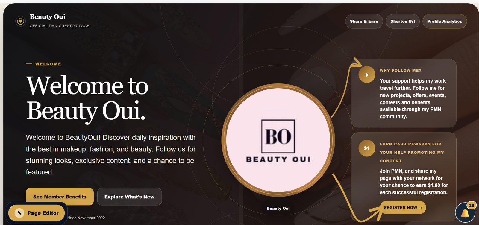 Beauty Oui PMN creator profile page