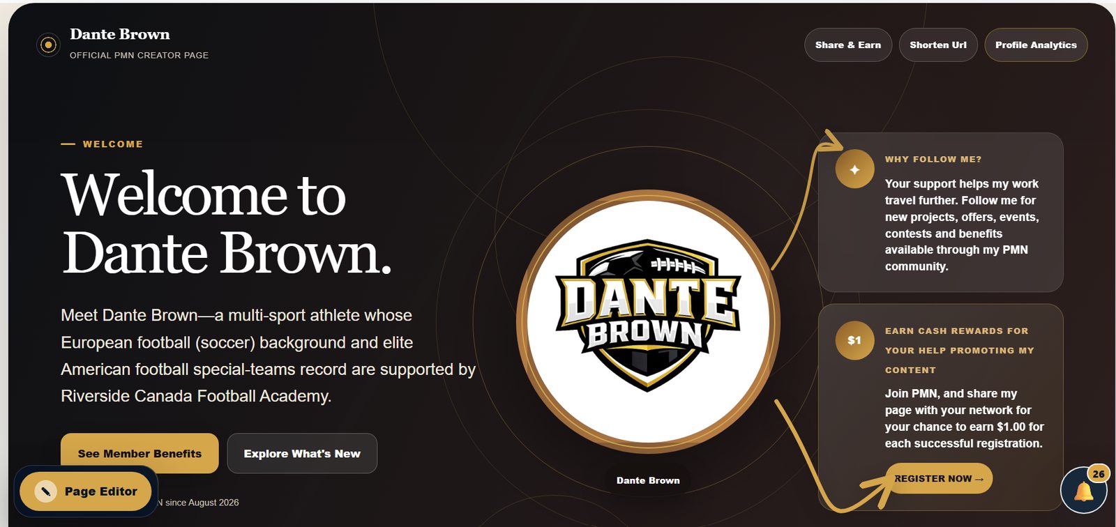 Dante Brown PMN creator profile page