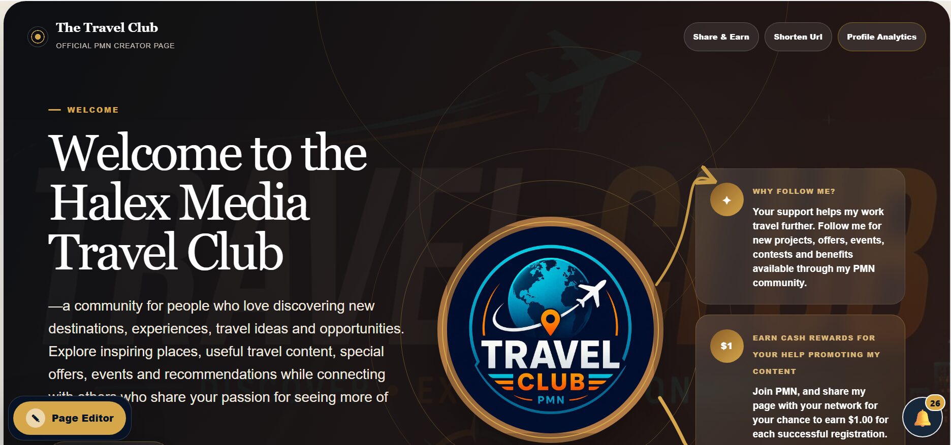 Halex Media Travel Club PMN creator profile page