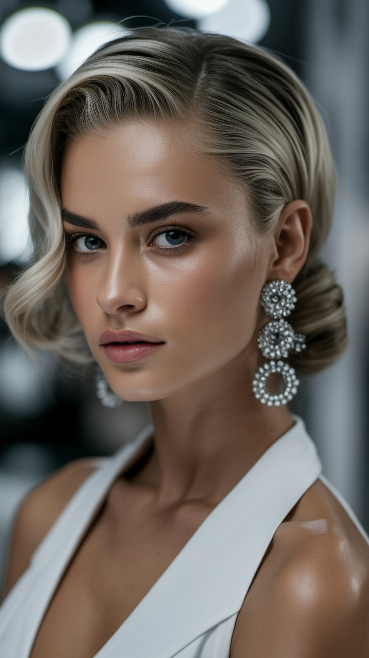 Effortless Glam ✨: Short Hair, Big Earrings & Chic Dress