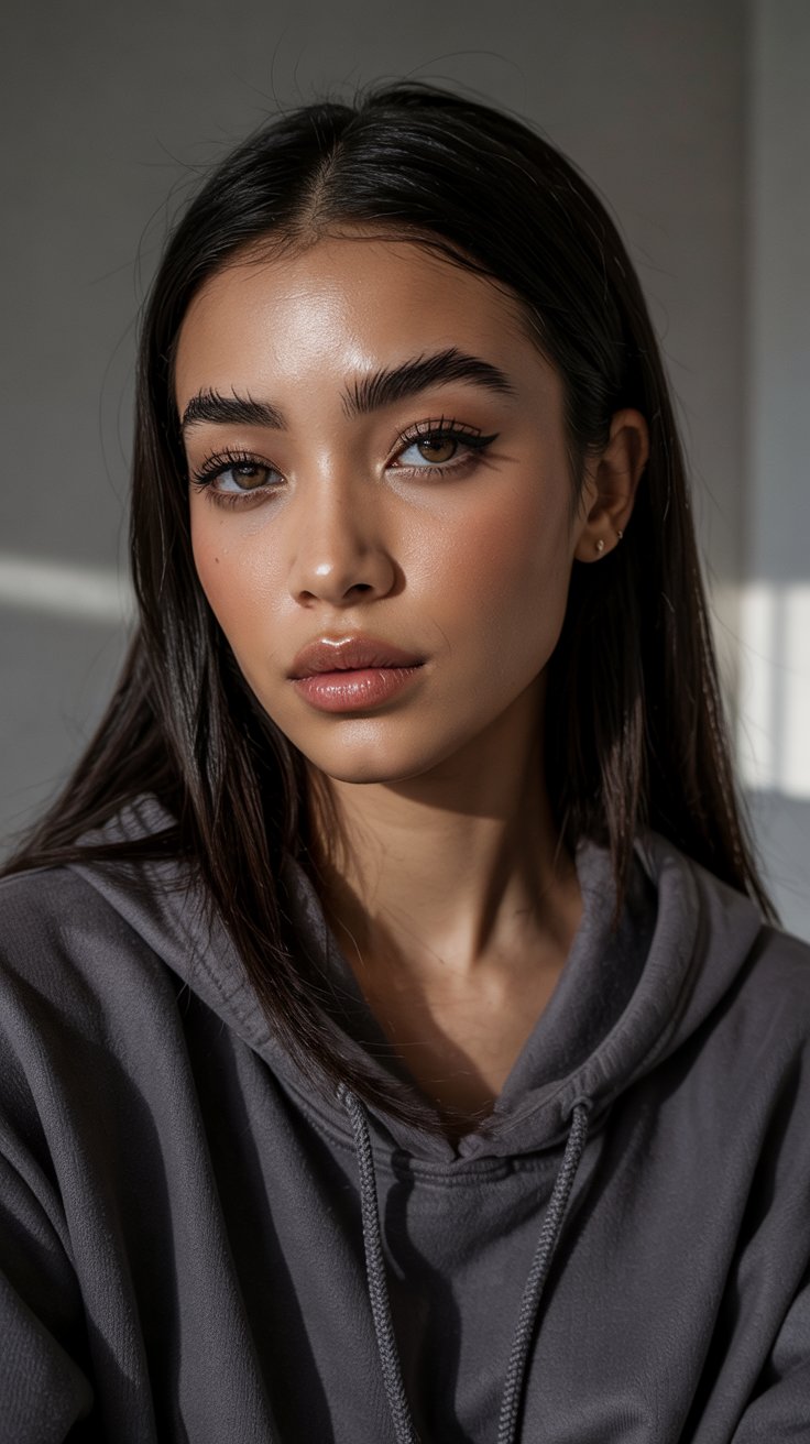 Casual Glow ✨: Light Makeup, Lip Gloss & Sweat Jacket