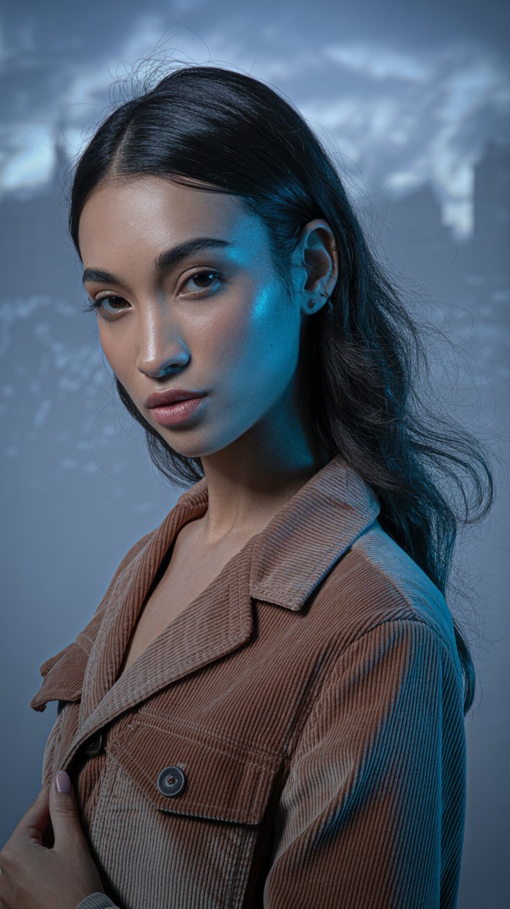 Casual ✨: Long Hair, Light Makeup & Chic Jacket