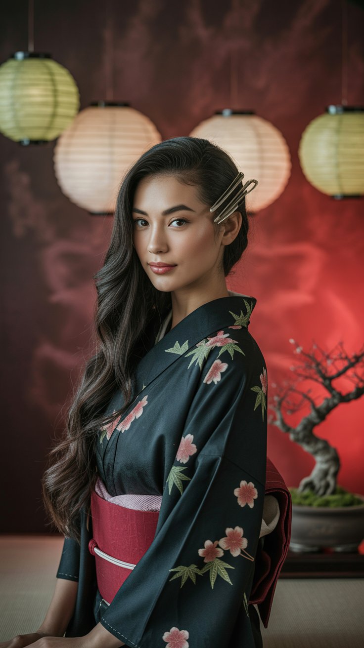 Effortless Elegance ✨: Japanese Kimono, Hair Clip & Red Lips
