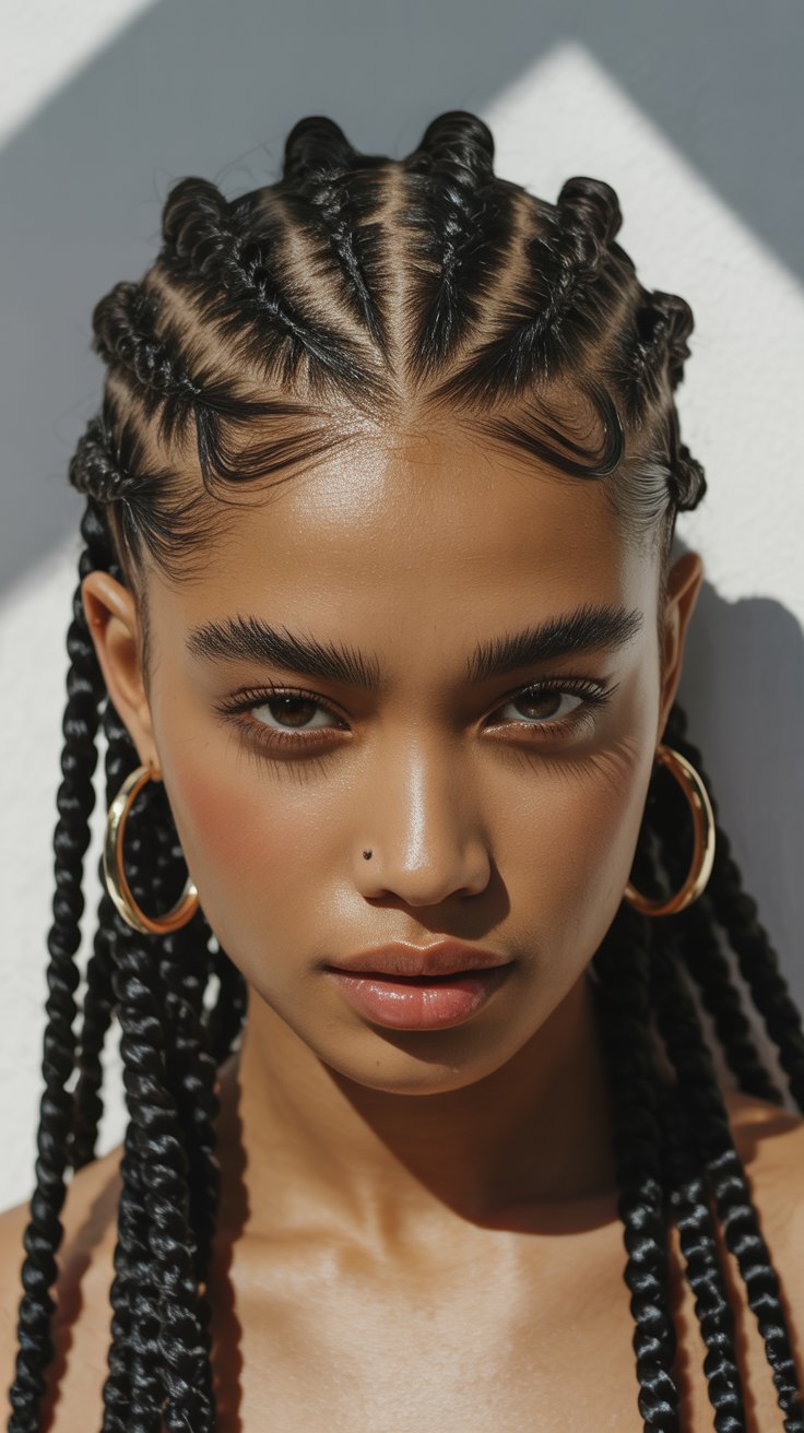 Effortless Chic 💫: Braids & Big Hoop Earrings with Light Makeup