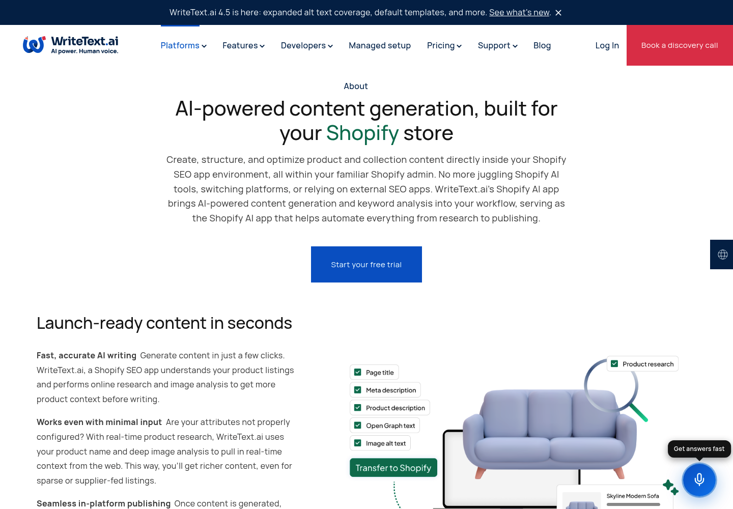 WriteText.ai for Shopify website screenshot