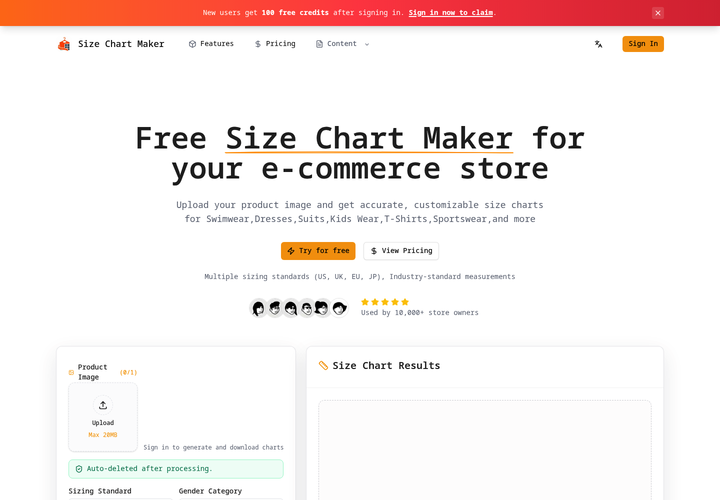 Size Chart Maker website screenshot