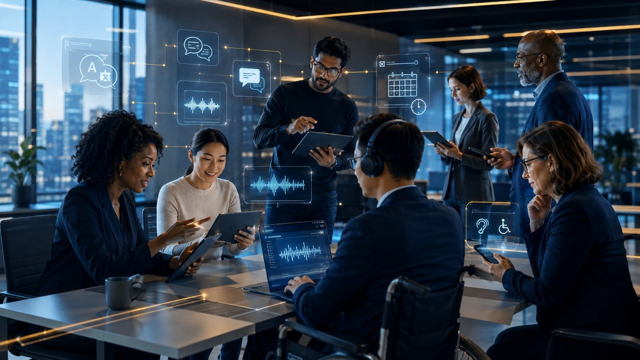 A diverse team using AI-assisted communication and accessibility tools