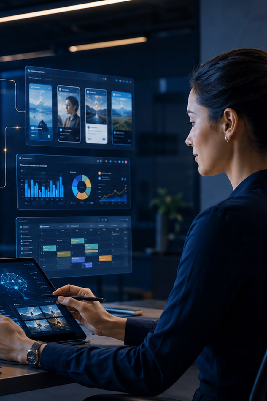 A creator using an AI-assisted multi-screen content workflow