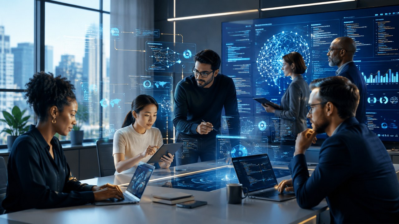 A diverse professional team collaborating with artificial intelligence systems in a modern workspace