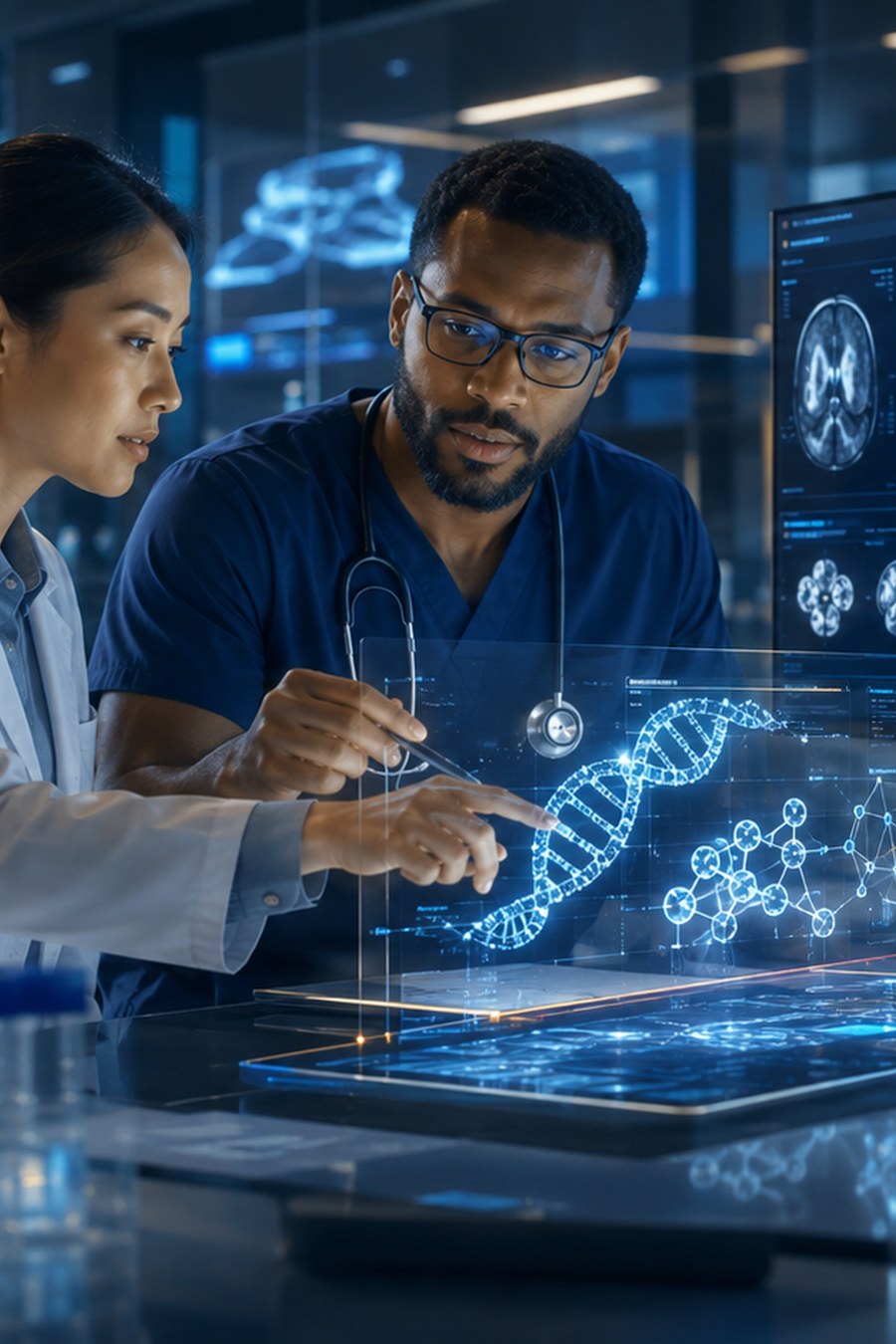 Researchers using AI to analyze medical and scientific data in a laboratory