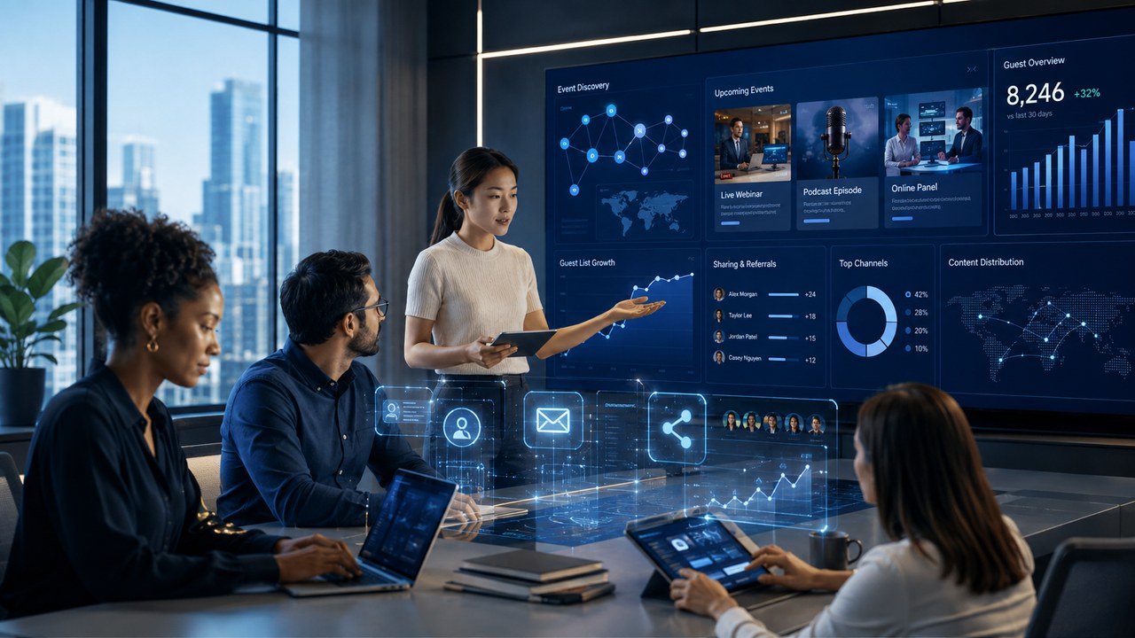An event marketing team reviewing AI-powered event discovery, guest-list growth, sharing and performance analytics