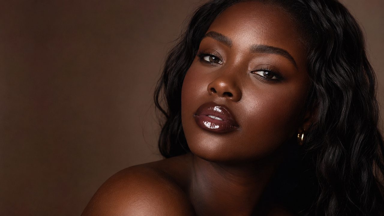 Woman with deep skin wearing a mocha glossy lip shade