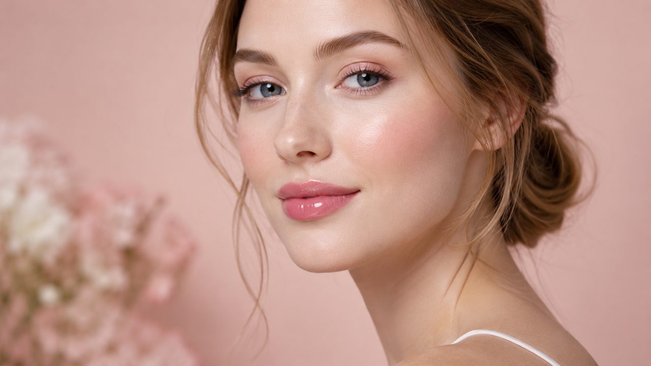 Woman with fair skin wearing a soft pink glossy lip shade