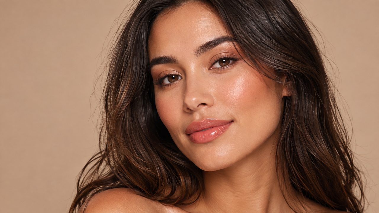Woman with light-to-medium skin wearing a rose coral glossy lip shade