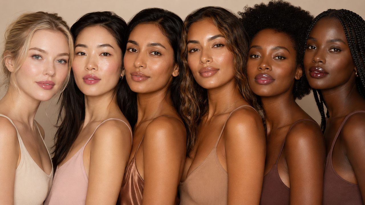 Women with fair, light, medium, tan, deep and rich complexions wearing glossy lip shades