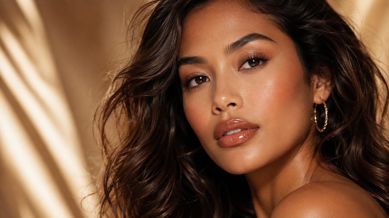 Woman with tan skin wearing a bronze caramel glossy lip shade