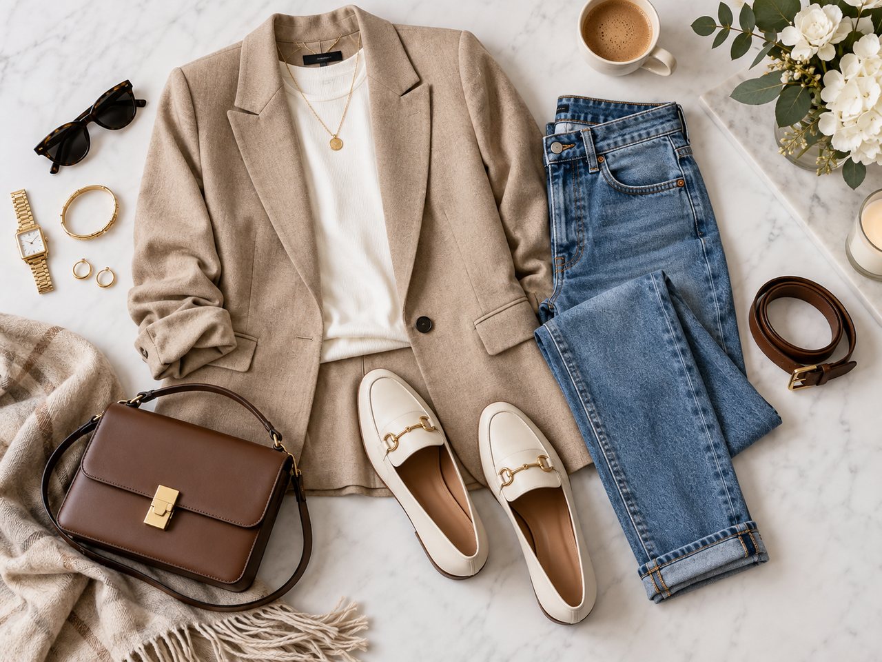 A flat lay of a casual blazer outfit including blazer, jeans, loafers, handbag, belt, and accessories.