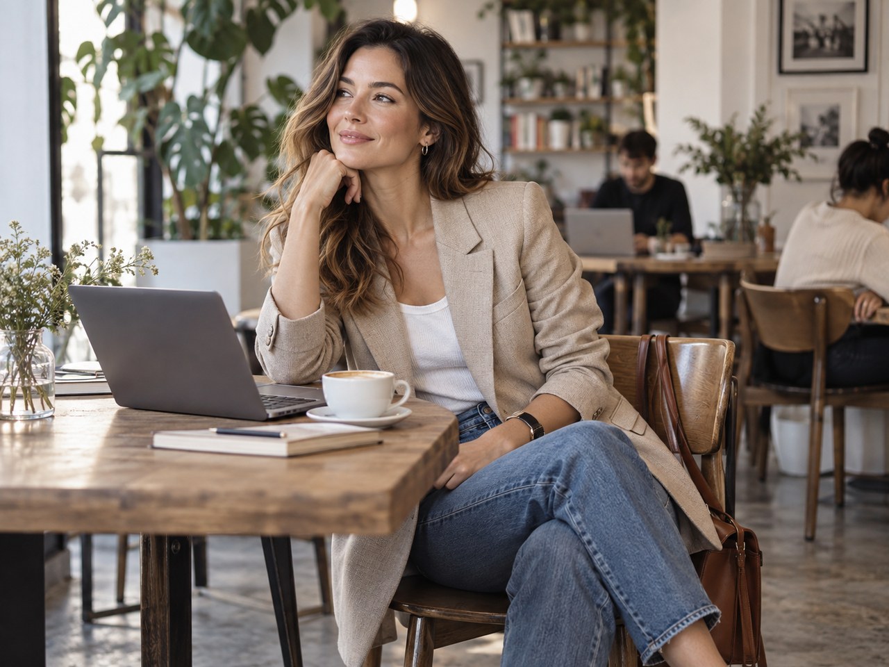 A woman in a casual blazer outfit sitting in a cafÃ© workspace with a laptop and coffee.