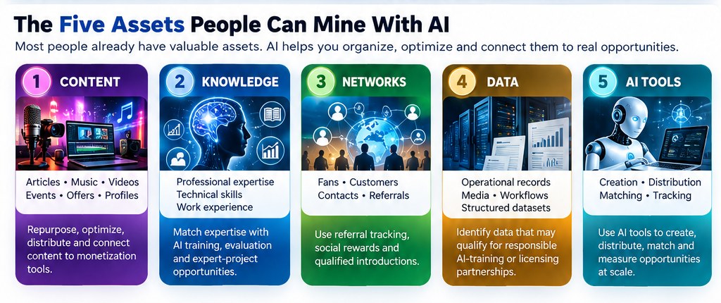 Five PMN AI Mining strategy cards covering content, knowledge, networks, data and AI tools