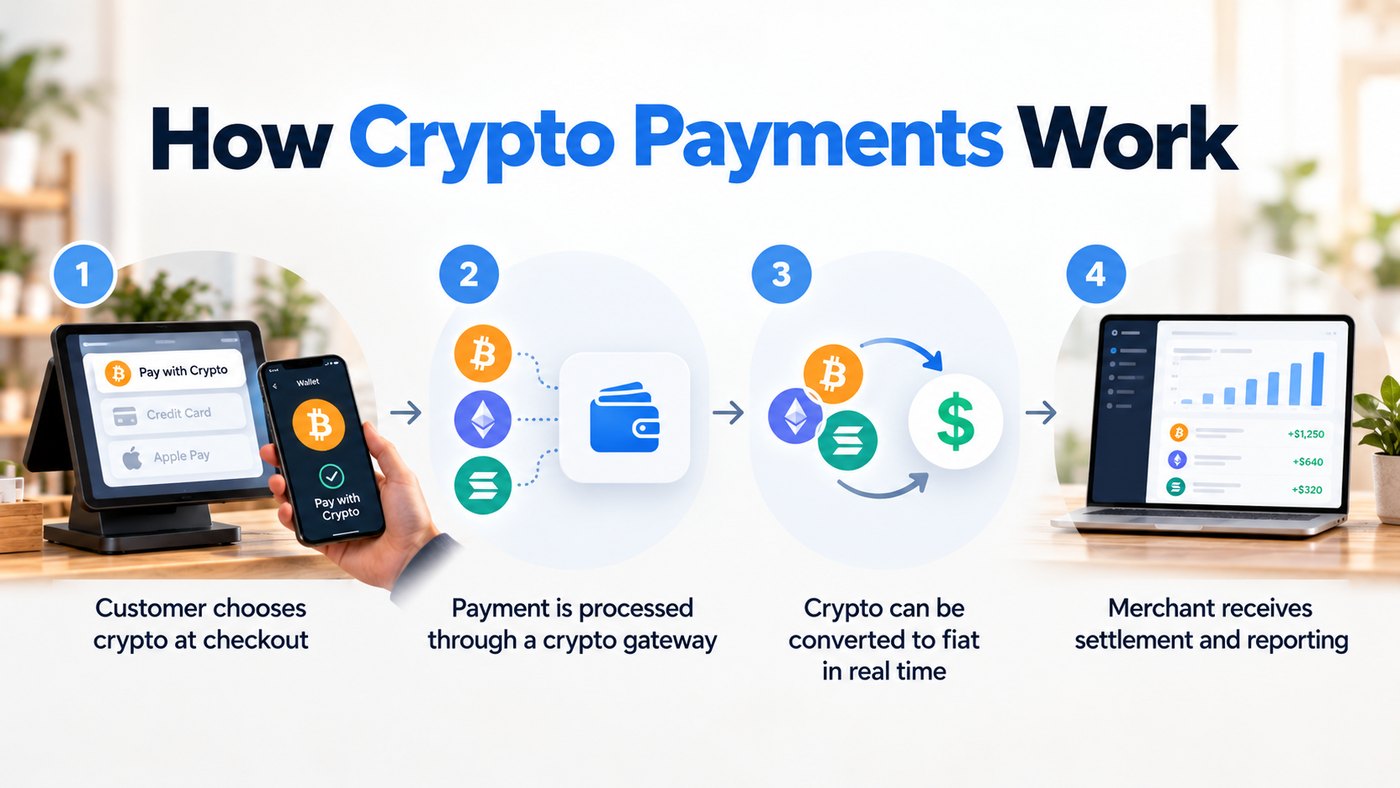 Infographic showing how crypto payments work for a small business