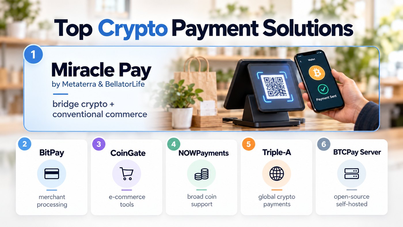 Crypto payment solutions for small businesses including Miracle Pay, BitPay, CoinGate, NOWPayments, Triple-A and BTCPay Server