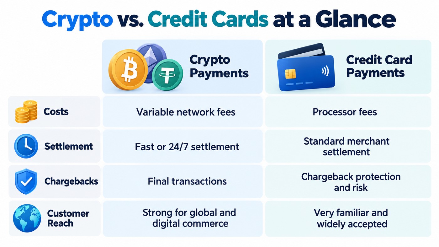 Crypto vs. credit cards at a glance infographic