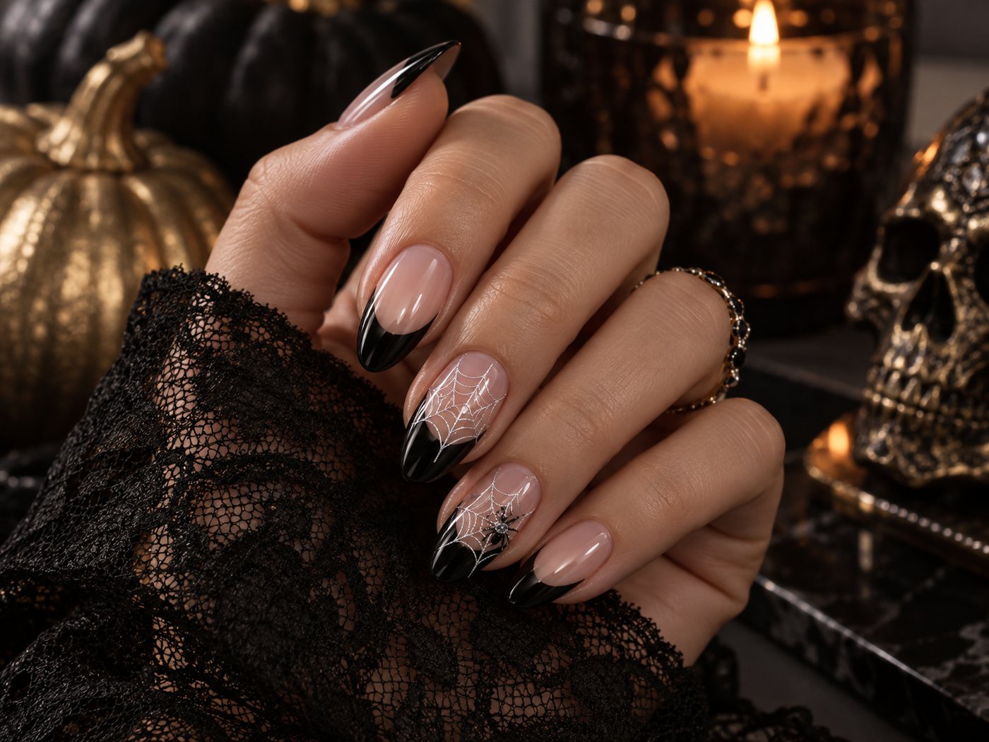 Black French tip Halloween nails with spiderweb detail