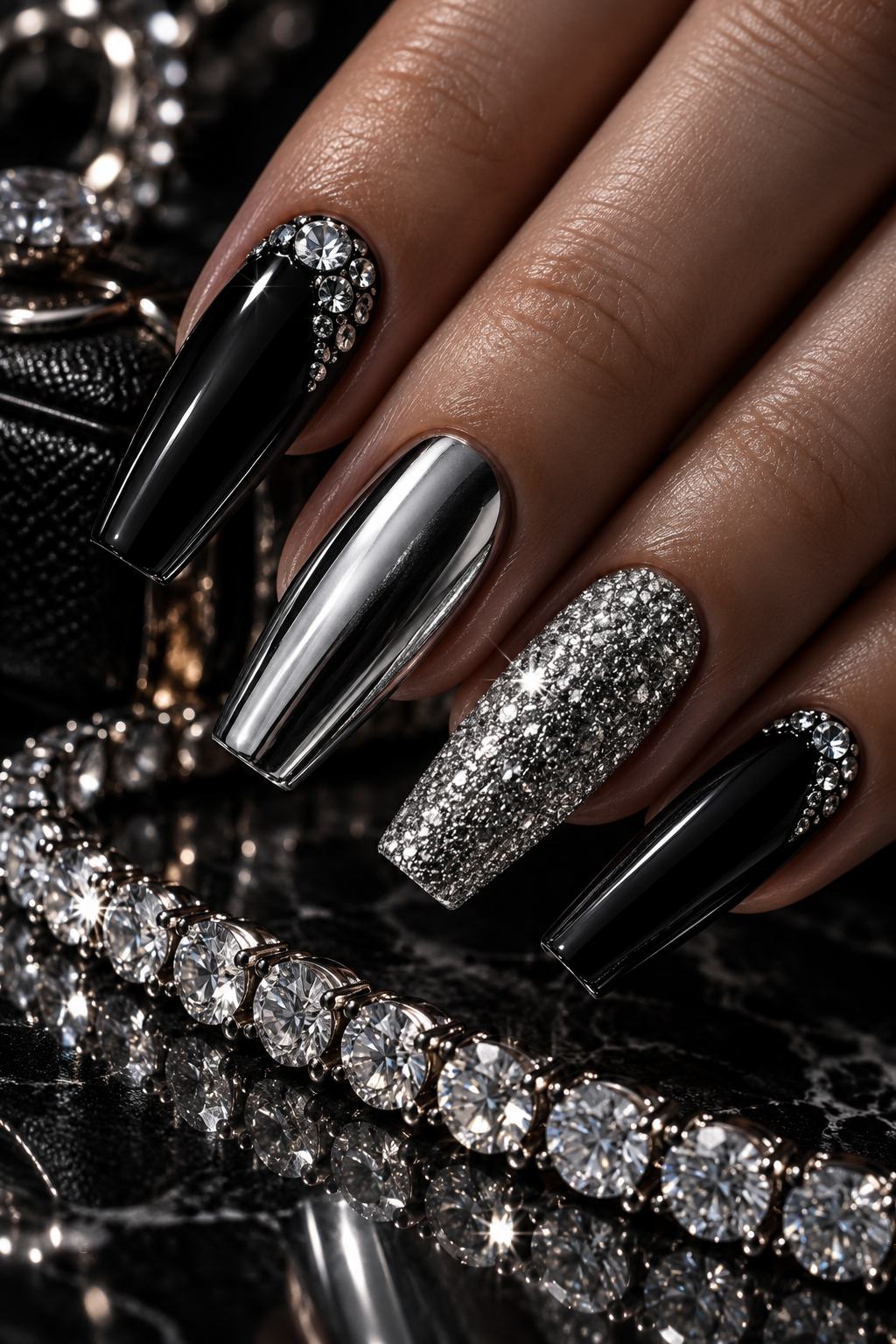 Black and silver diamond glam nails