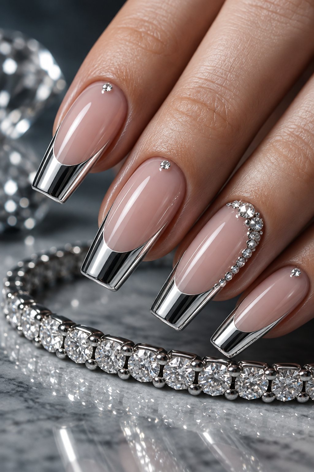 Chrome French manicure with diamond glamour
