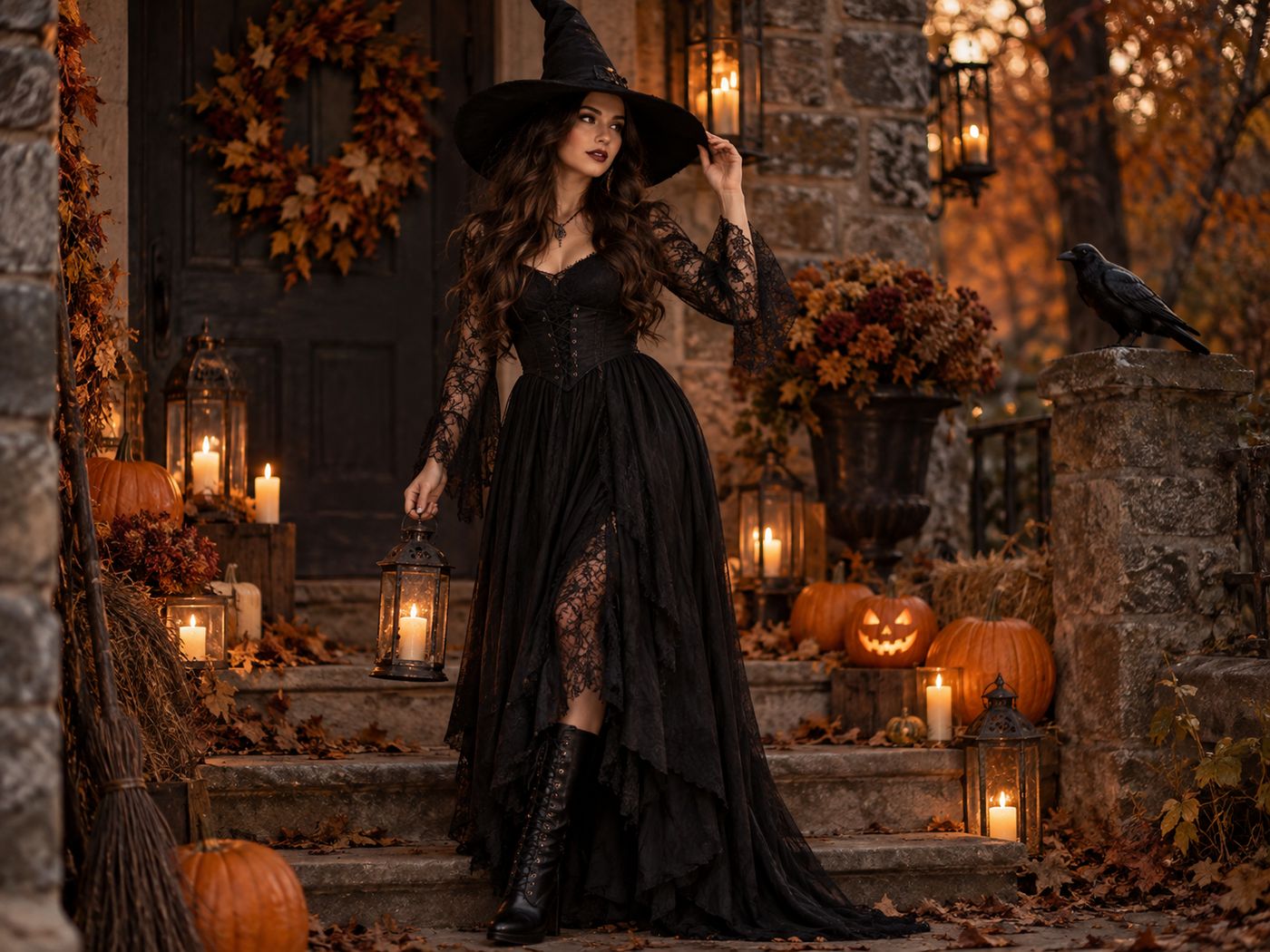 Classic witch Halloween costume with black dress and pointed hat