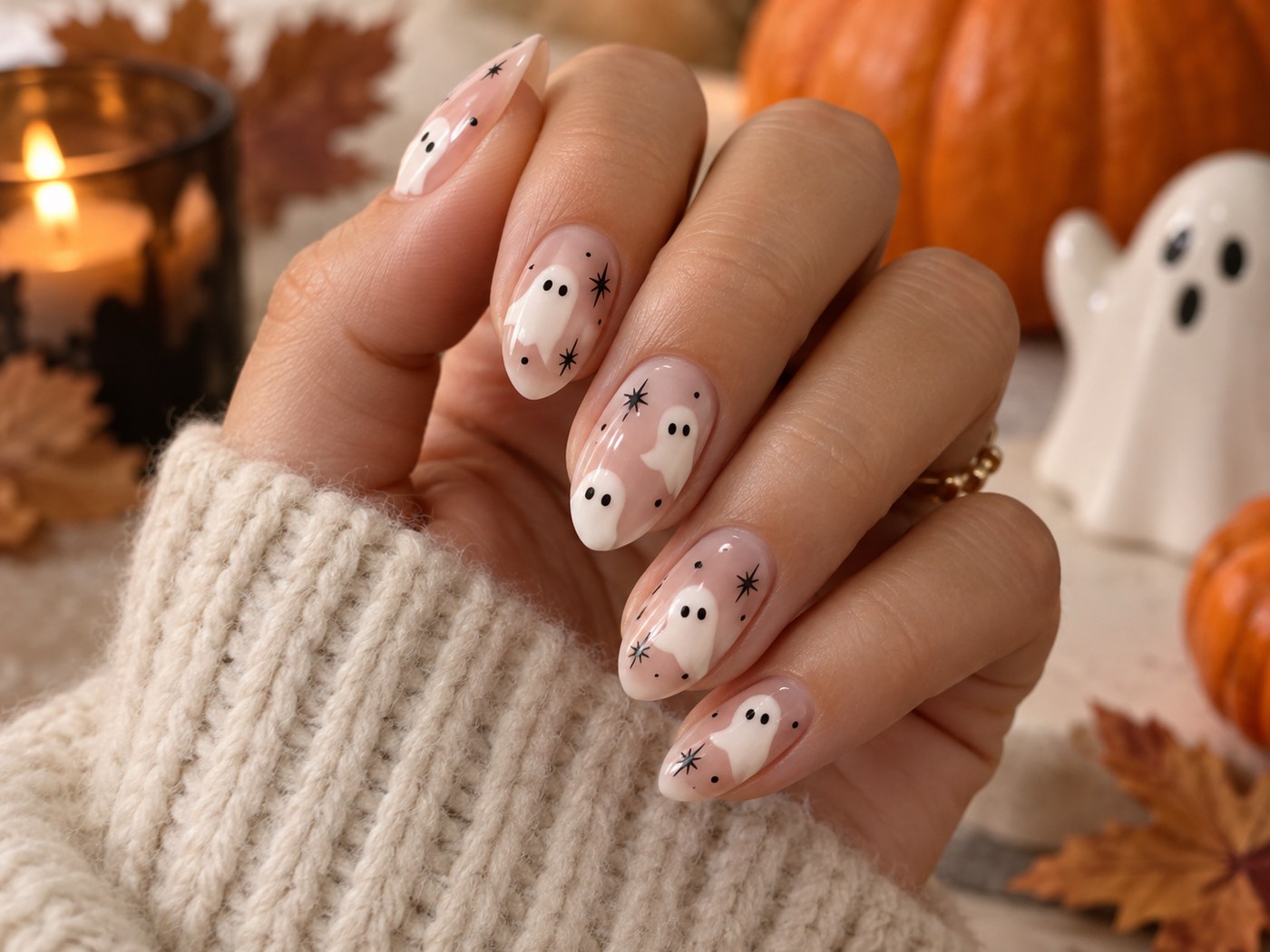 Cute ghost Halloween nails with a soft nude base